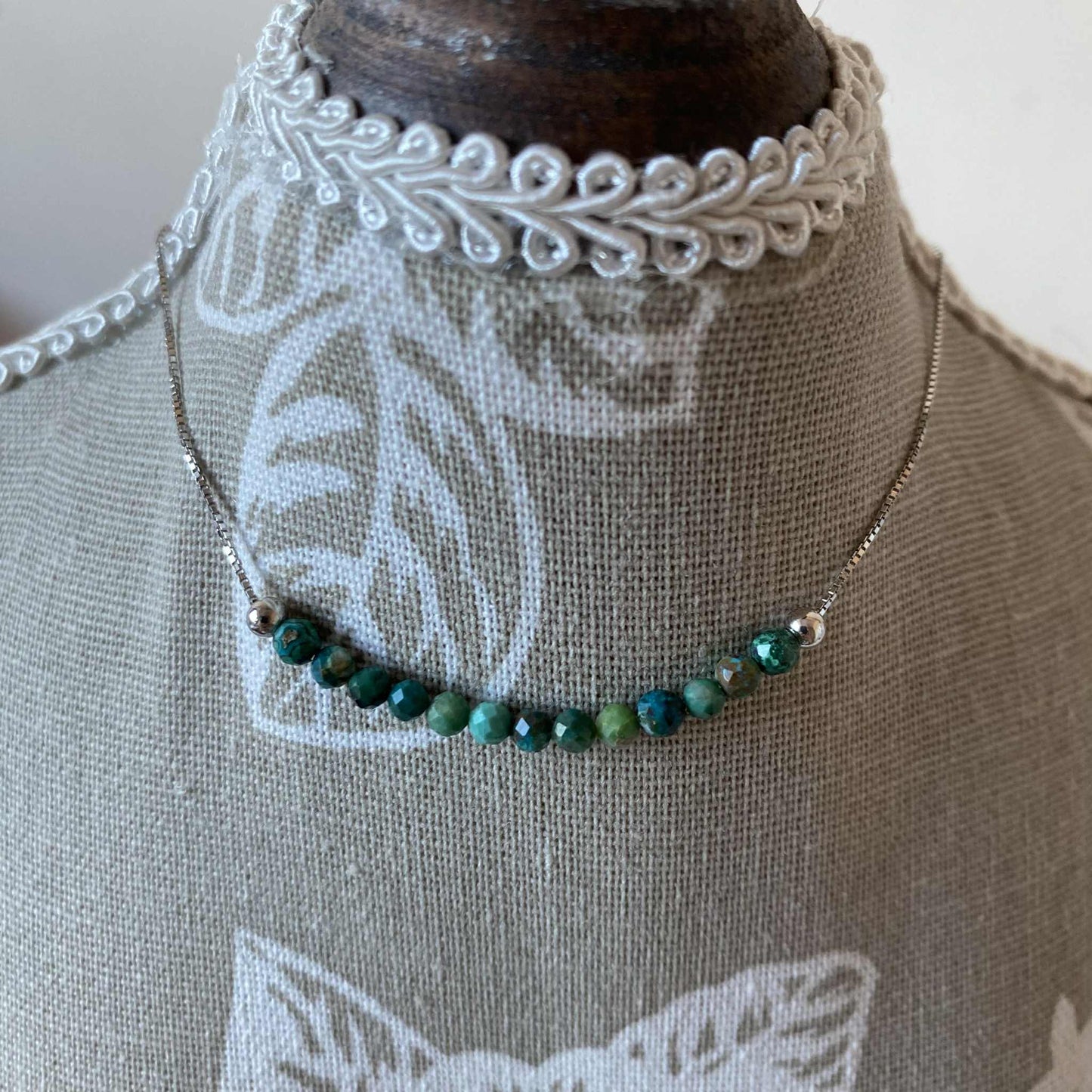 Chrysocolla 精緻孔雀石925純銀手鏈