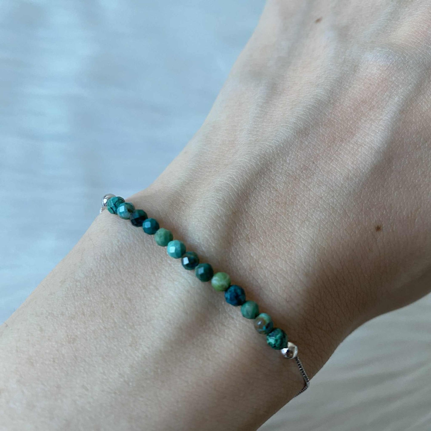 Chrysocolla 精緻孔雀石925純銀手鏈